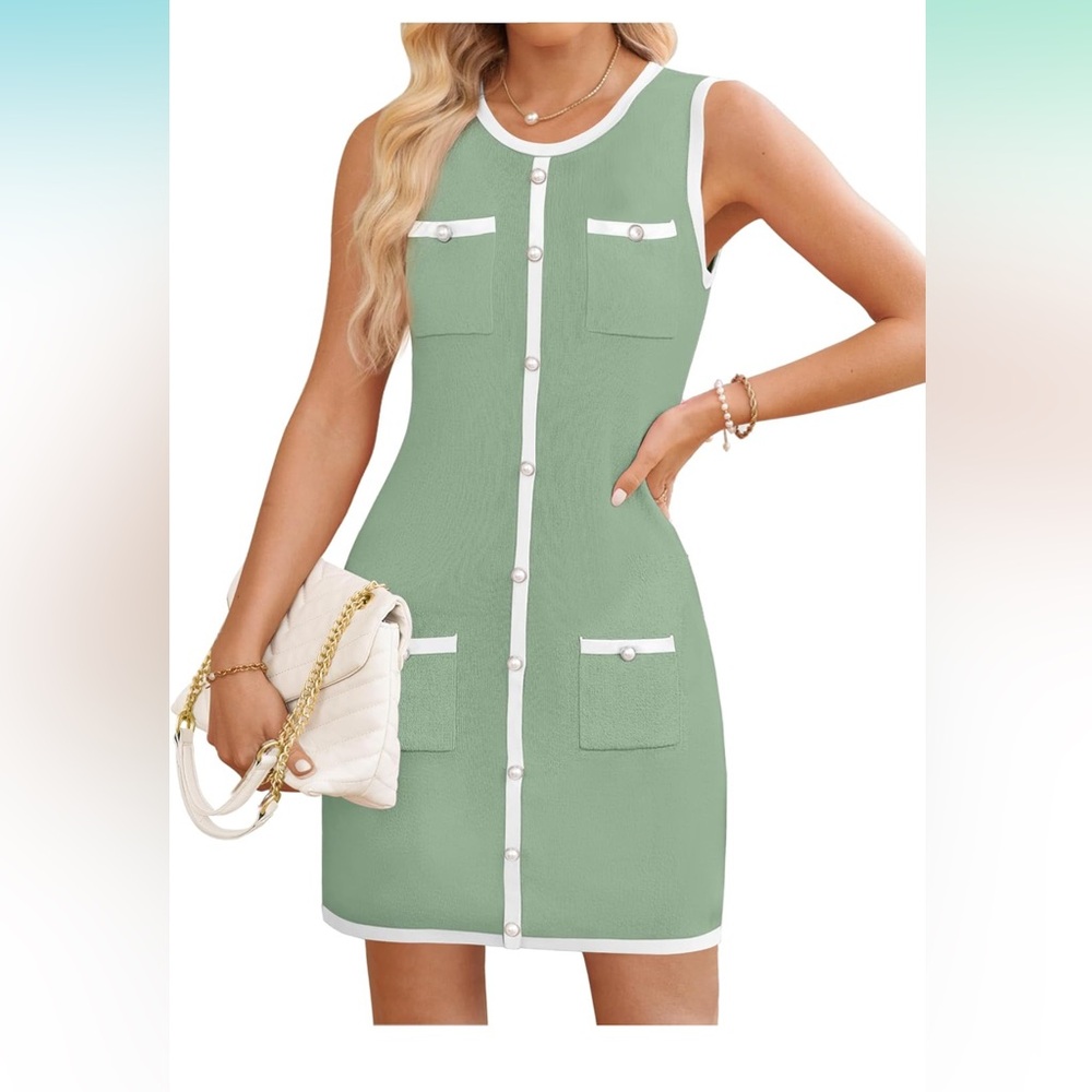 Sleeveless Mini Dress Crewneck Button Kint Bodycon Short Dresses with Pockets